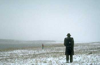 a photograph of the sculptures in winter